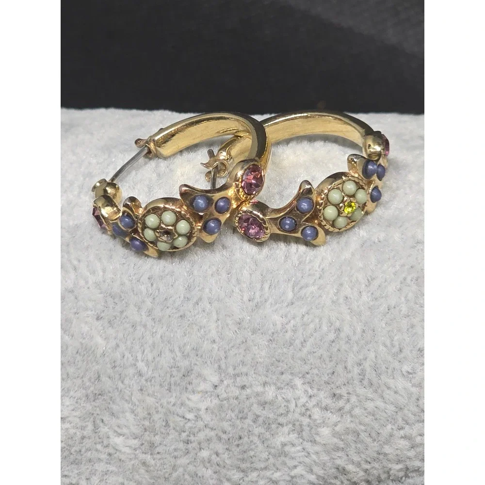 VTG Gold Tone Floral Rhinestone Hoop Earrings Pink Blue Green Boho Enamel Style